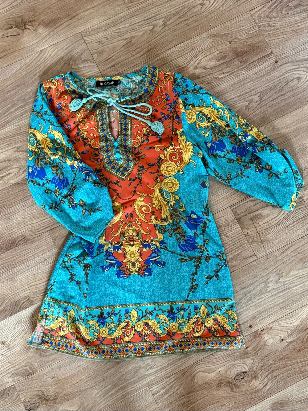 Jewel tone baroque bold print tunic dress with tassel tie on chest, size L